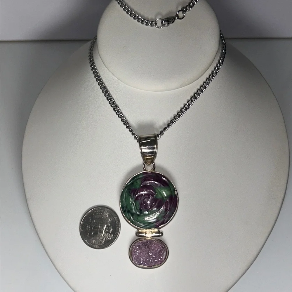 Artisan Made Vintage Sterling Silver Multi Gemstone Pendant Necklace